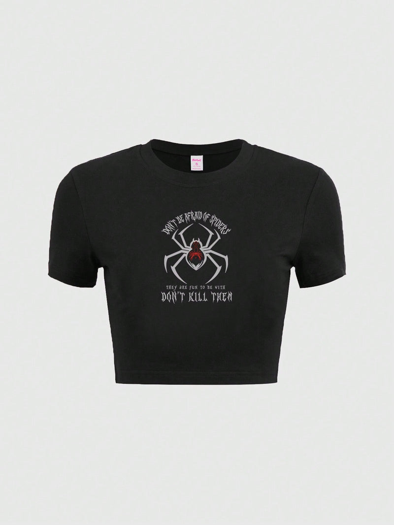 ROMWE Goth Camiseta De Manga Corta De Cuello Redondo Ajuste Ajustado Con Diseno De Corazon Rojo Con Arana Al Estilo Gotico, Adecuada Para Atuendos Casuales De Verano