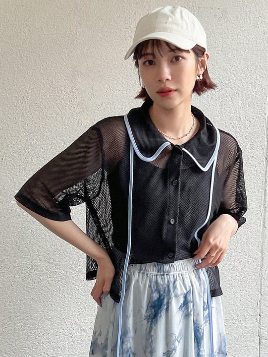 FRIFUL Camisa de malla para mujer con cuello de solapa doblada, huecos en el tejido y bloques de color