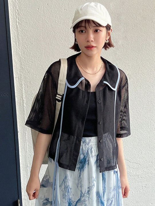 FRIFUL Camisa de malla para mujer con cuello de solapa doblada, huecos en el tejido y bloques de color