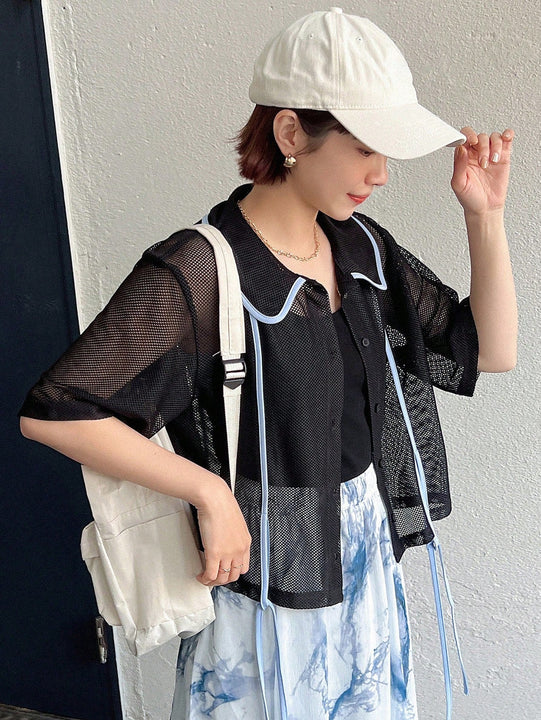 FRIFUL Camisa de malla para mujer con cuello de solapa doblada, huecos en el tejido y bloques de color