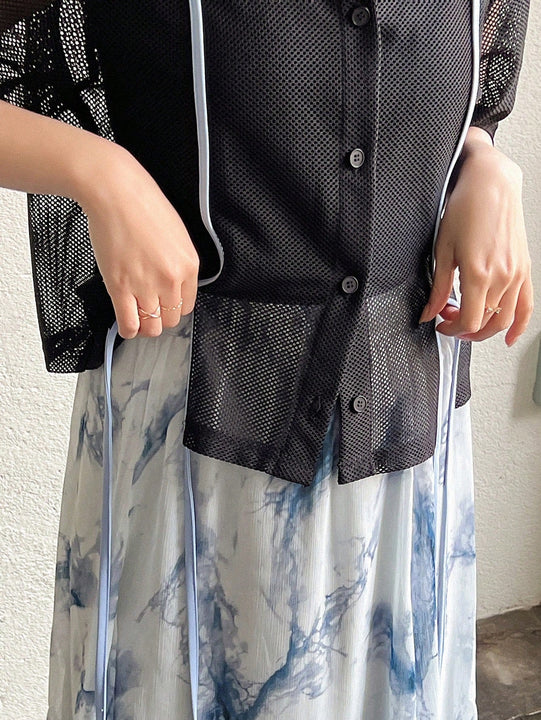 FRIFUL Camisa de malla para mujer con cuello de solapa doblada, huecos en el tejido y bloques de color