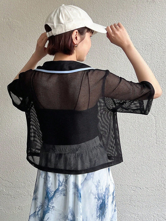 FRIFUL Camisa de malla para mujer con cuello de solapa doblada, huecos en el tejido y bloques de color