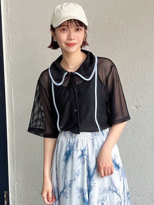 FRIFUL Camisa de malla para mujer con cuello de solapa doblada, huecos en el tejido y bloques de color