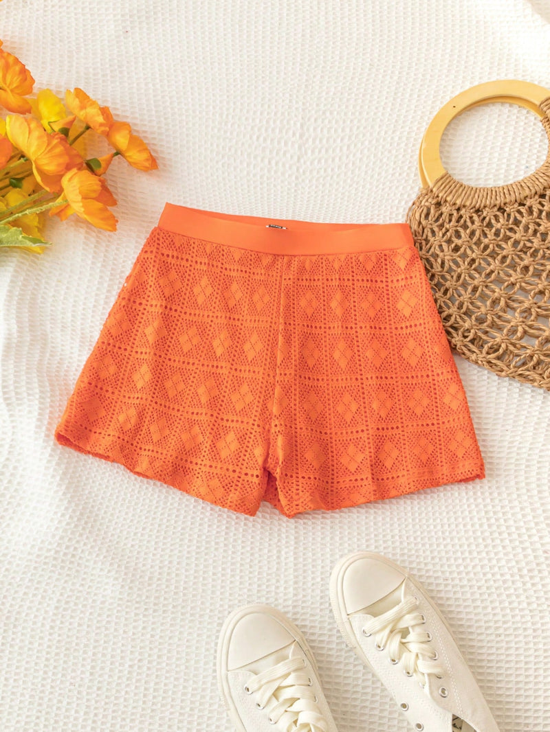 WYWH Pantalones Cortos De Malla De Cintura Super Baja Para Vacaciones En La Playa De Mujeres En Color Naranja