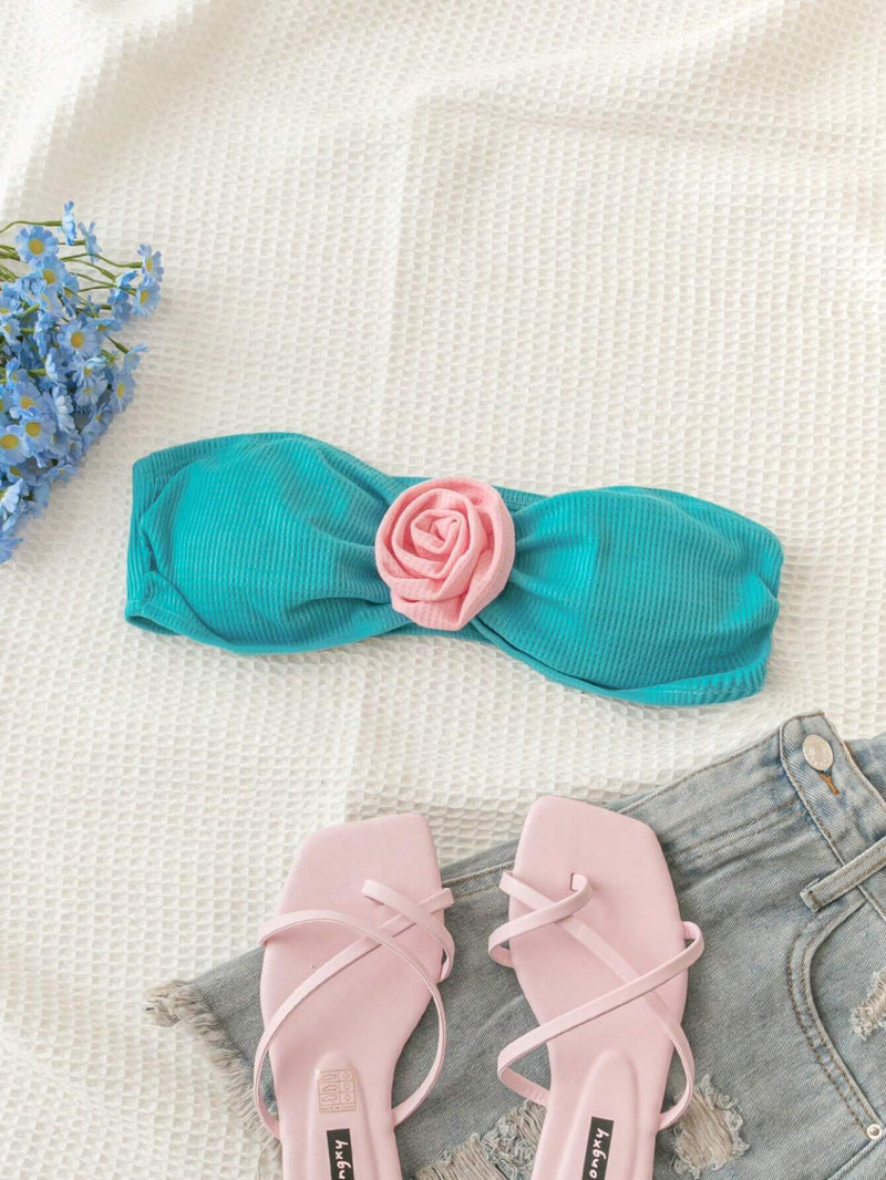 WYWH Top sin tirantes corto con rejilla de gofres y flores 3D en azul y rosa, comodo para vacacionar en la playa, ajuste estilizado, adecuado para tenidas de temporada de graduacion o para la hora del te