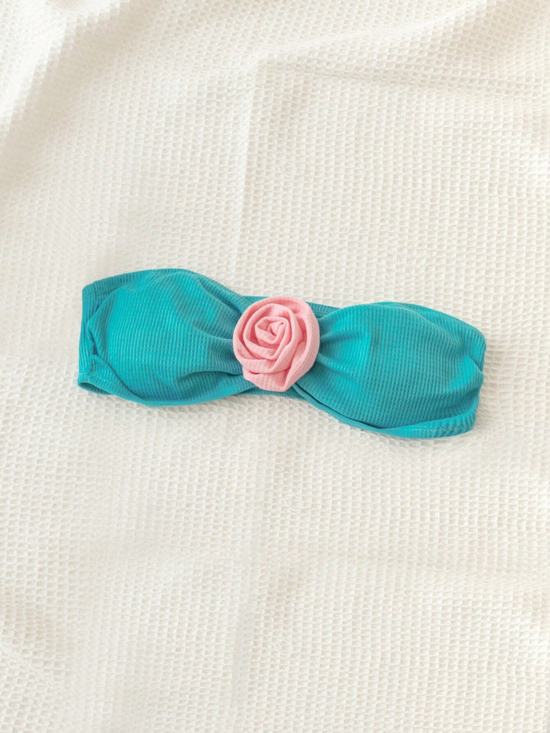 WYWH Top sin tirantes corto con rejilla de gofres y flores 3D en azul y rosa, comodo para vacacionar en la playa, ajuste estilizado, adecuado para tenidas de temporada de graduacion o para la hora del te