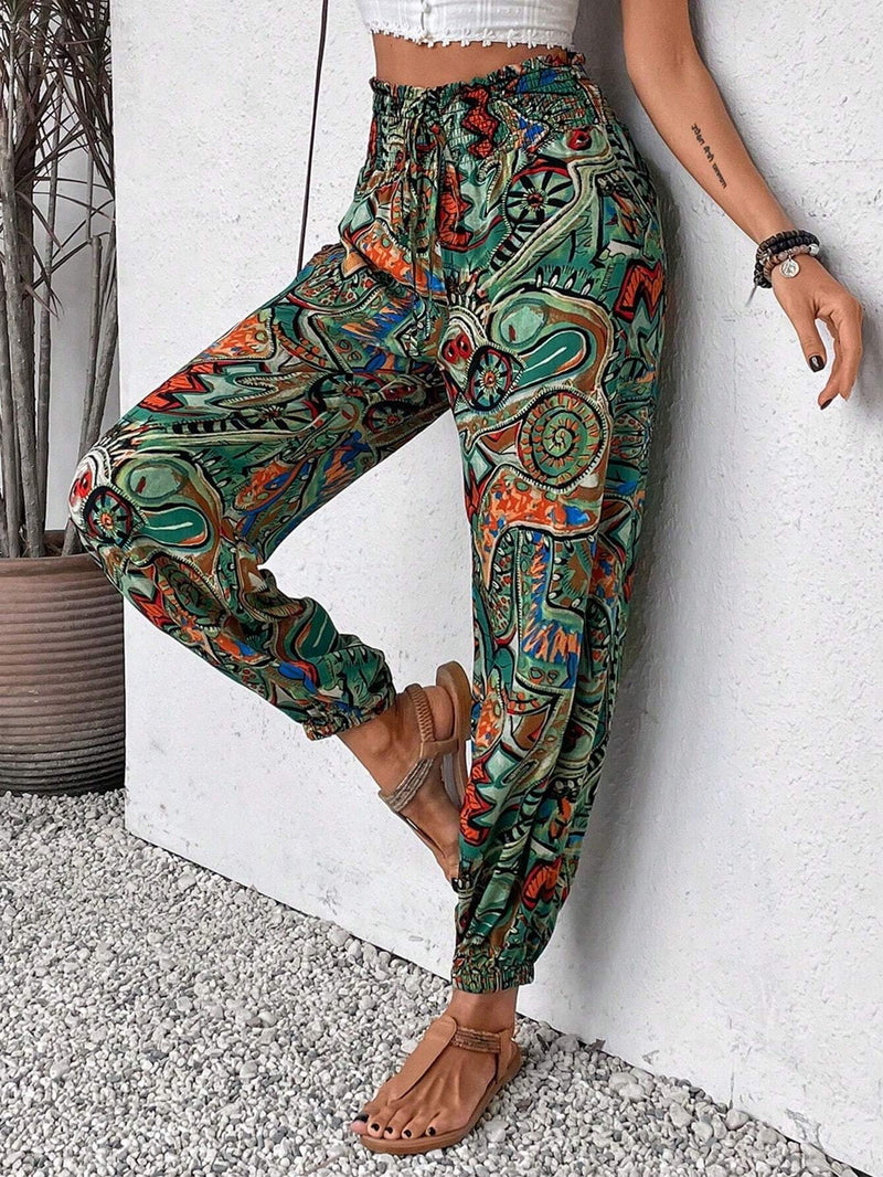 LUNE Pantalones Con Estampado Completo Para Mujer Con Dobladillo Y Cordon De Ajuste, Adecuados Para Verano, Playa Y Vacaciones