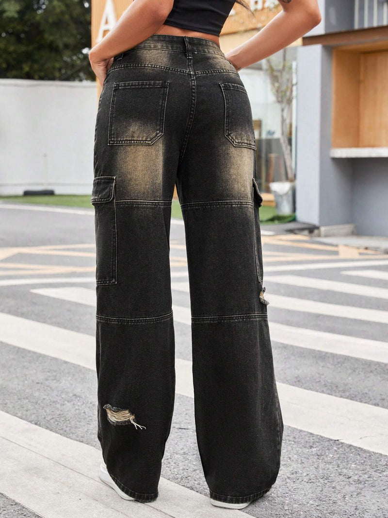 EZwear Estilosos Pantalones Jeans De Pierna Ancha Con Bolsillos Diagonales, Lavados A La Piedra, Adecuados Para La Primavera Y El Verano