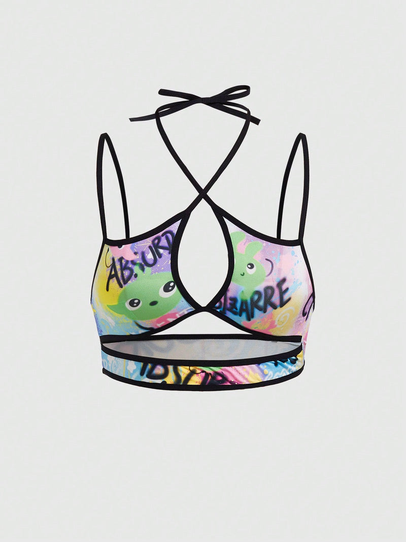 ROMWE Kawaii Top De Bandeau Con Borde De Bloque De Color Impreso Con Graffiti Colorido Para Mujer Y Detalle De Perforacion En La Tela