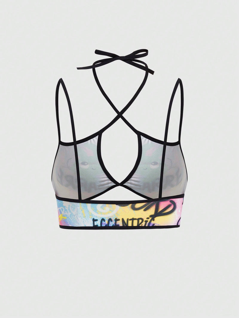 ROMWE Kawaii Top De Bandeau Con Borde De Bloque De Color Impreso Con Graffiti Colorido Para Mujer Y Detalle De Perforacion En La Tela