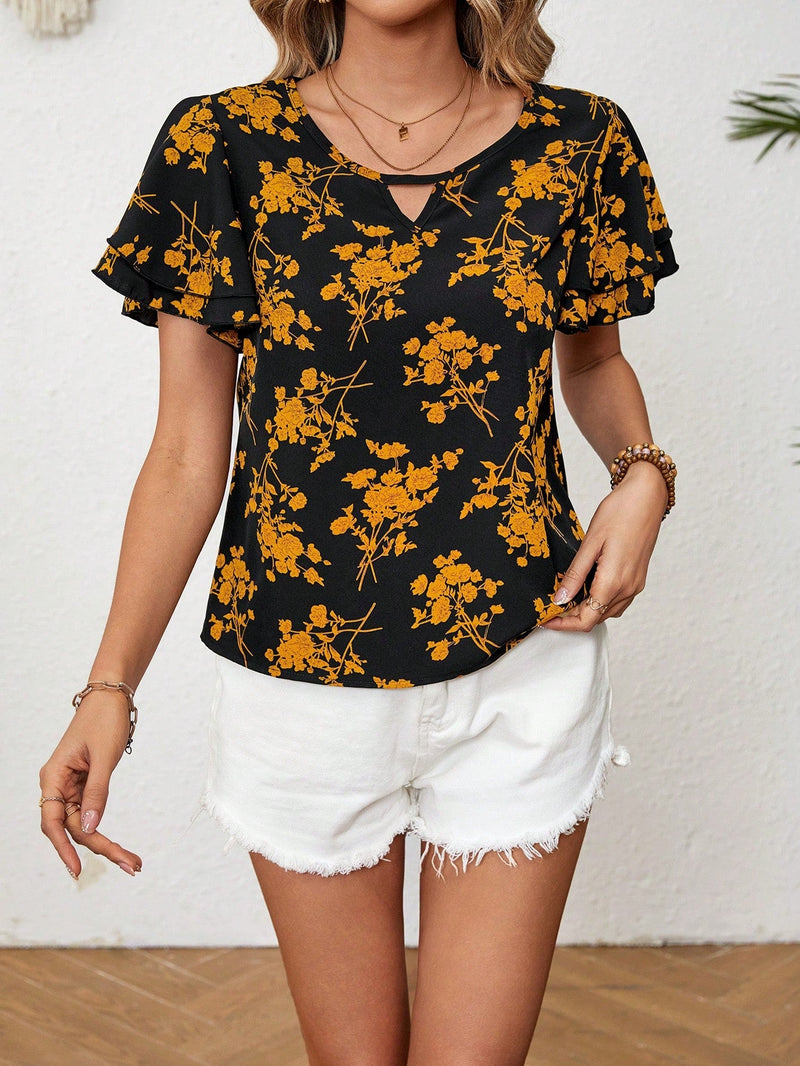 VCAY Blusa De Mujer Suelta Con Volantes Y Mangas Cortas Con Estampado De Flores Para Verano