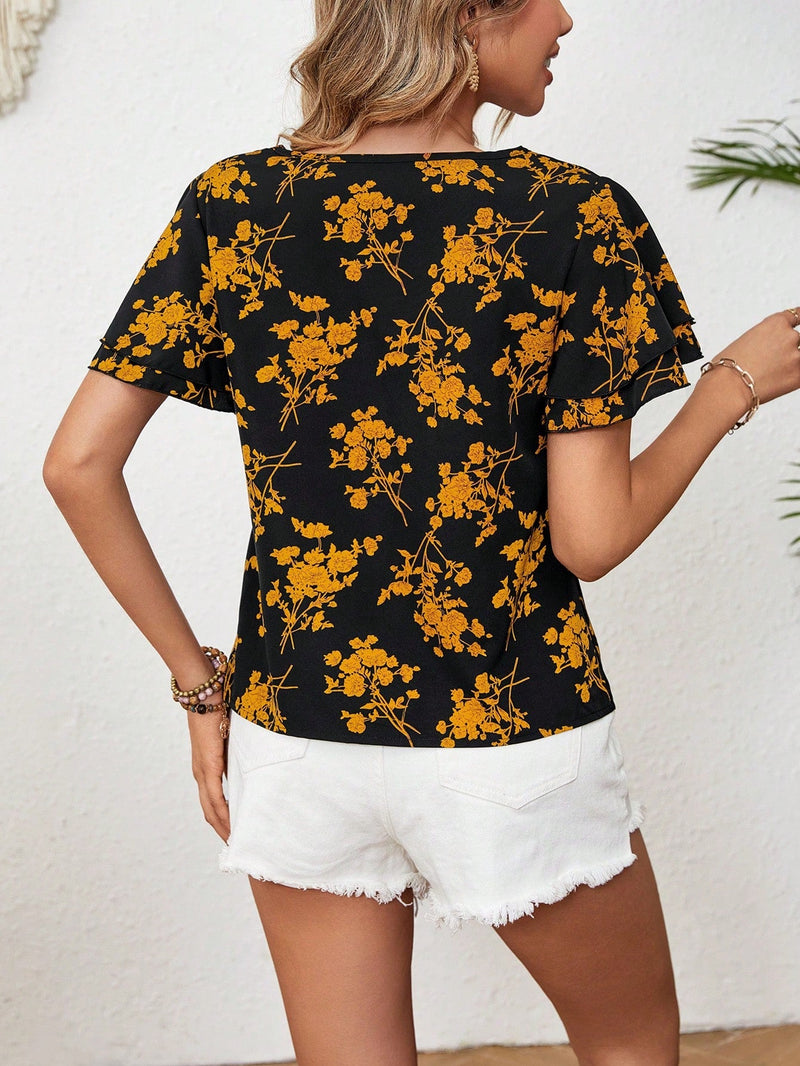 VCAY Blusa De Mujer Suelta Con Volantes Y Mangas Cortas Con Estampado De Flores Para Verano