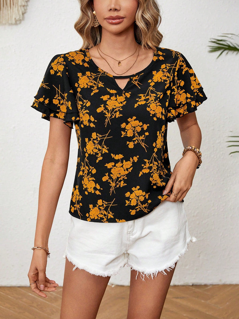 VCAY Blusa De Mujer Suelta Con Volantes Y Mangas Cortas Con Estampado De Flores Para Verano