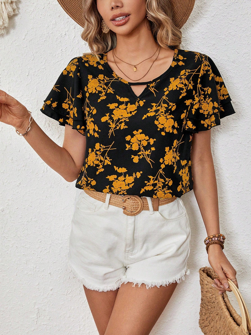 VCAY Blusa De Mujer Suelta Con Volantes Y Mangas Cortas Con Estampado De Flores Para Verano