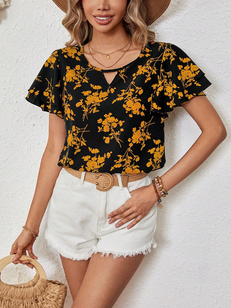 VCAY Blusa De Mujer Suelta Con Volantes Y Mangas Cortas Con Estampado De Flores Para Verano