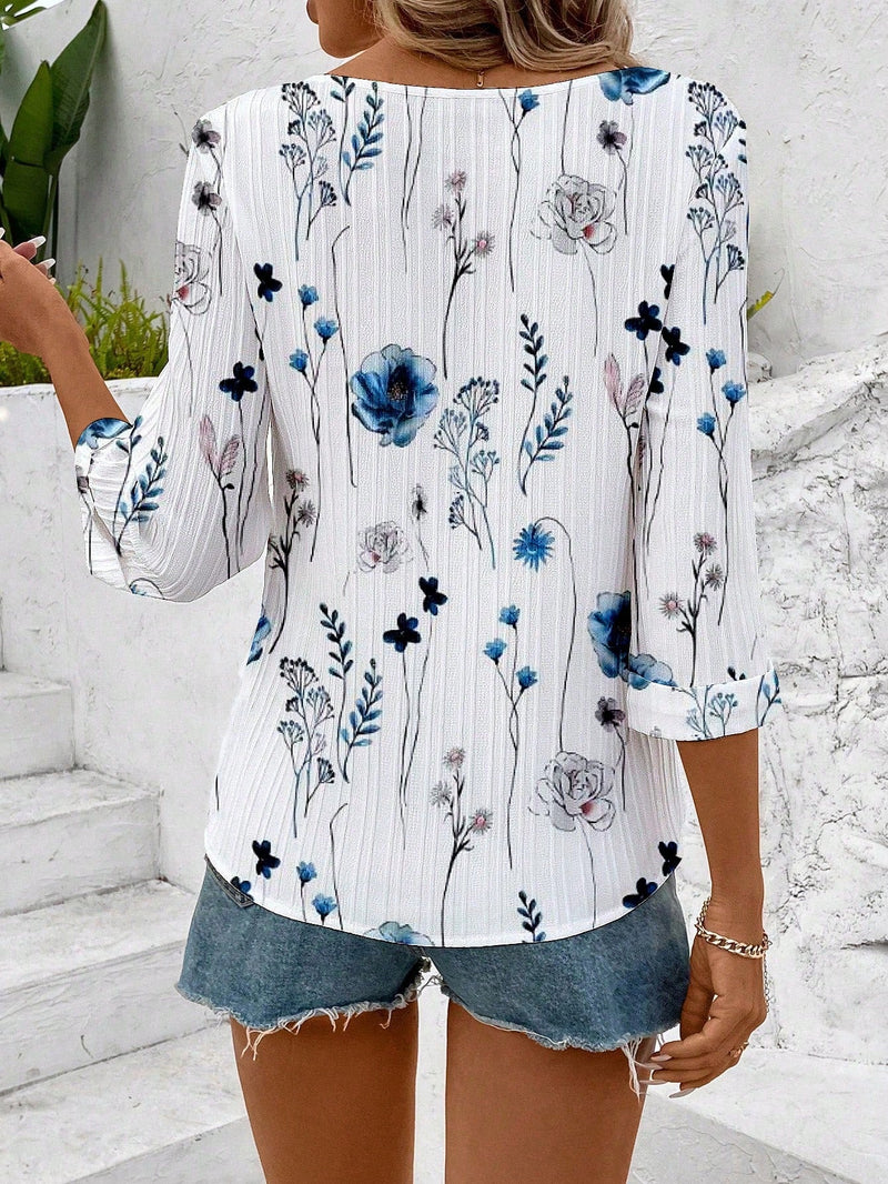 LUNE Camisa de mujer con textura de rayas de onda del oceano y estampado floral digital