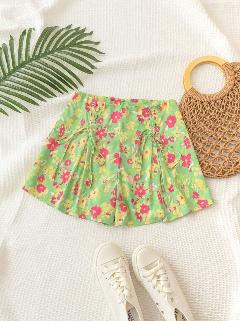 WYWH Pantalones Cortos Verdes De Estilo De Vacaciones Con Cintura Cruzada Estampada Floral Y Acento De Estilo Campestre