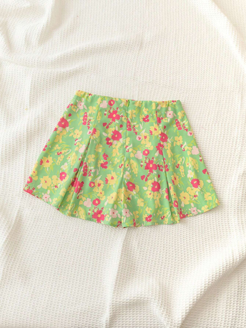 WYWH Pantalones Cortos Verdes De Estilo De Vacaciones Con Cintura Cruzada Estampada Floral Y Acento De Estilo Campestre