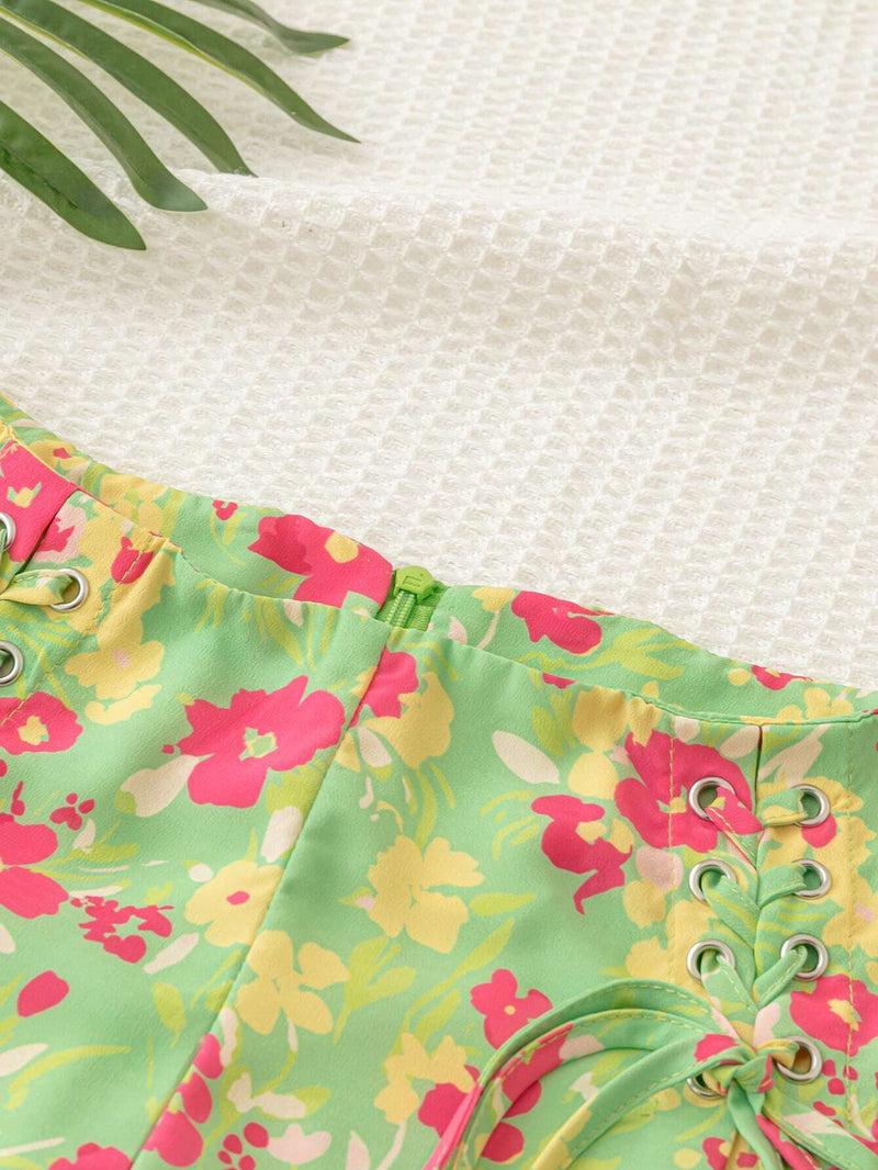 WYWH Pantalones Cortos Verdes De Estilo De Vacaciones Con Cintura Cruzada Estampada Floral Y Acento De Estilo Campestre