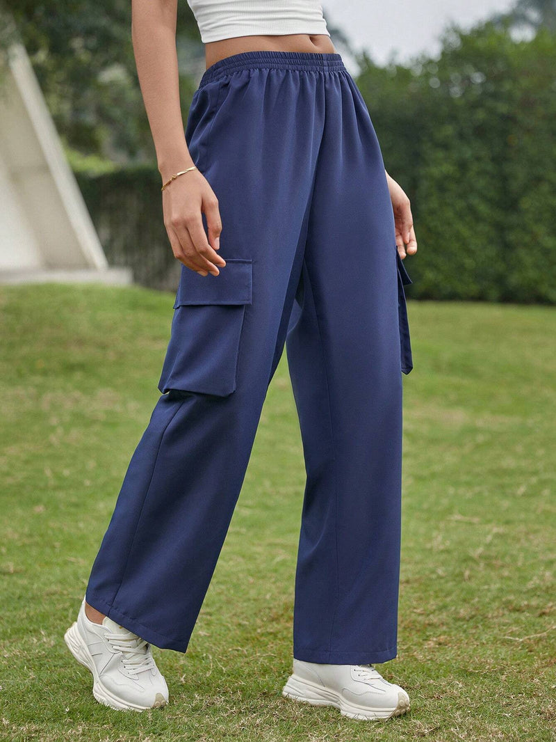 EZwear Pantalones Rectos Casuales De Bolsillo De Solapa Con Cintura Elastica