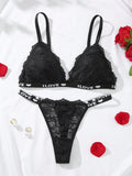 Conjunto De Lenceria Con Banda Impresa De Letras Y Encaje Para Mujeres