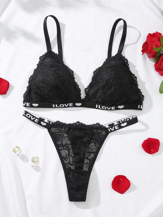 Conjunto De Lenceria Con Banda Impresa De Letras Y Encaje Para Mujeres
