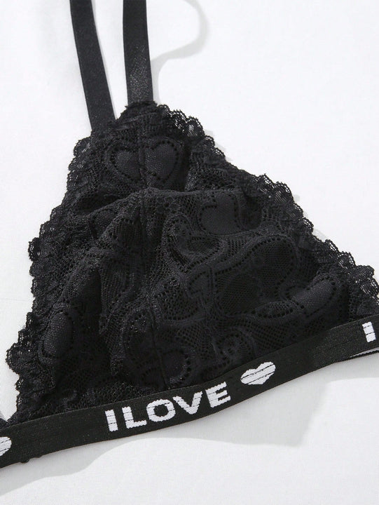 Conjunto De Lenceria Con Banda Impresa De Letras Y Encaje Para Mujeres