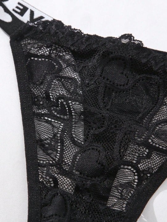 Conjunto De Lenceria Con Banda Impresa De Letras Y Encaje Para Mujeres