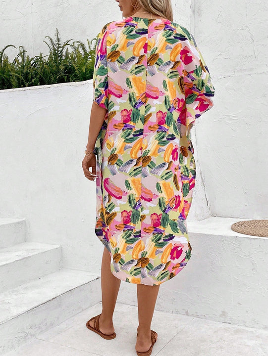 LUNE Blusa Asimetrica Con Dobladillo Para El Verano, Casual, Con Cuello En V Y Estampado Para Unas Vacaciones