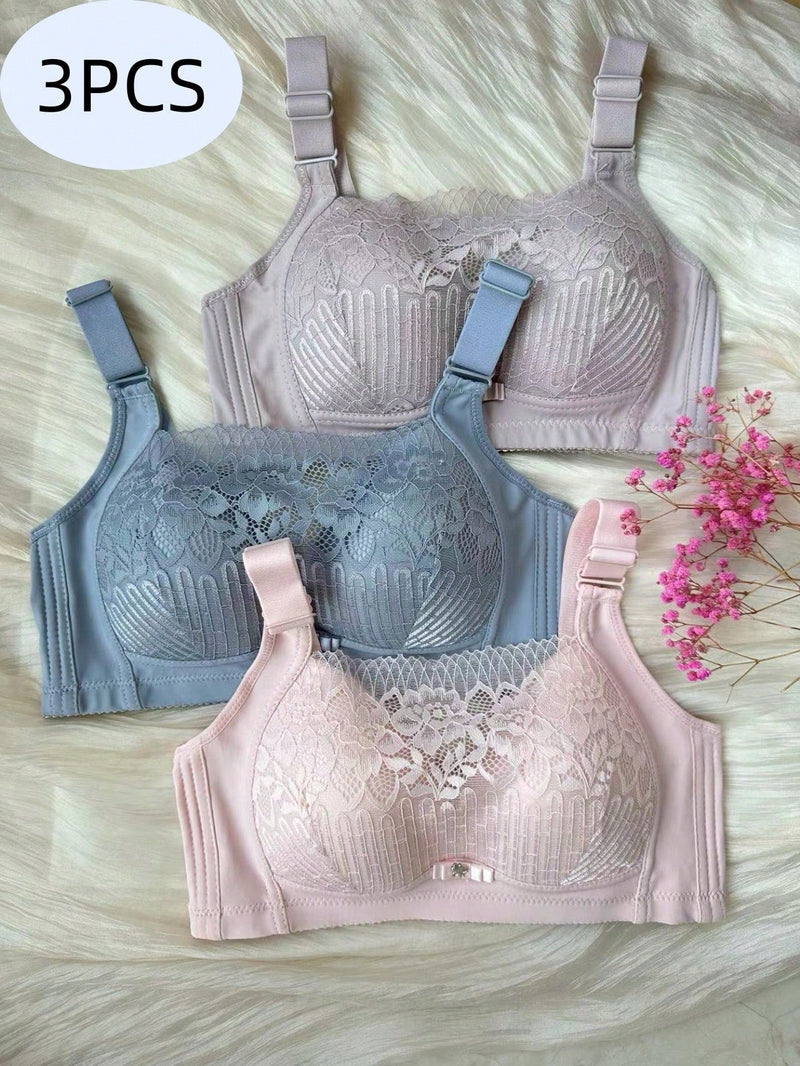 Conjunto De 3 Sujetadores De Encaje Inalambricos Para Mujeres, Comodos, Con Realce, Transpirables, En Rosa/azul/gris, Adecuados Para Uso Diario