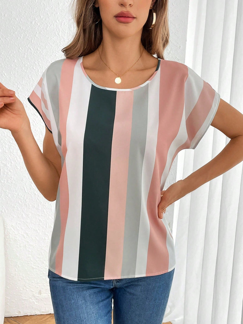 Tall Camisa de manga murcielago a rayas de bloque de color para mujer para el verano