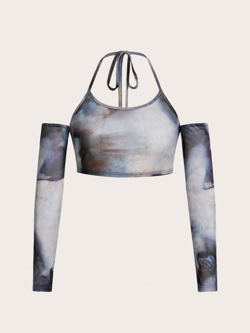 EZwear Top halter corto para mujer con estampado de marmol y hombros descubiertos