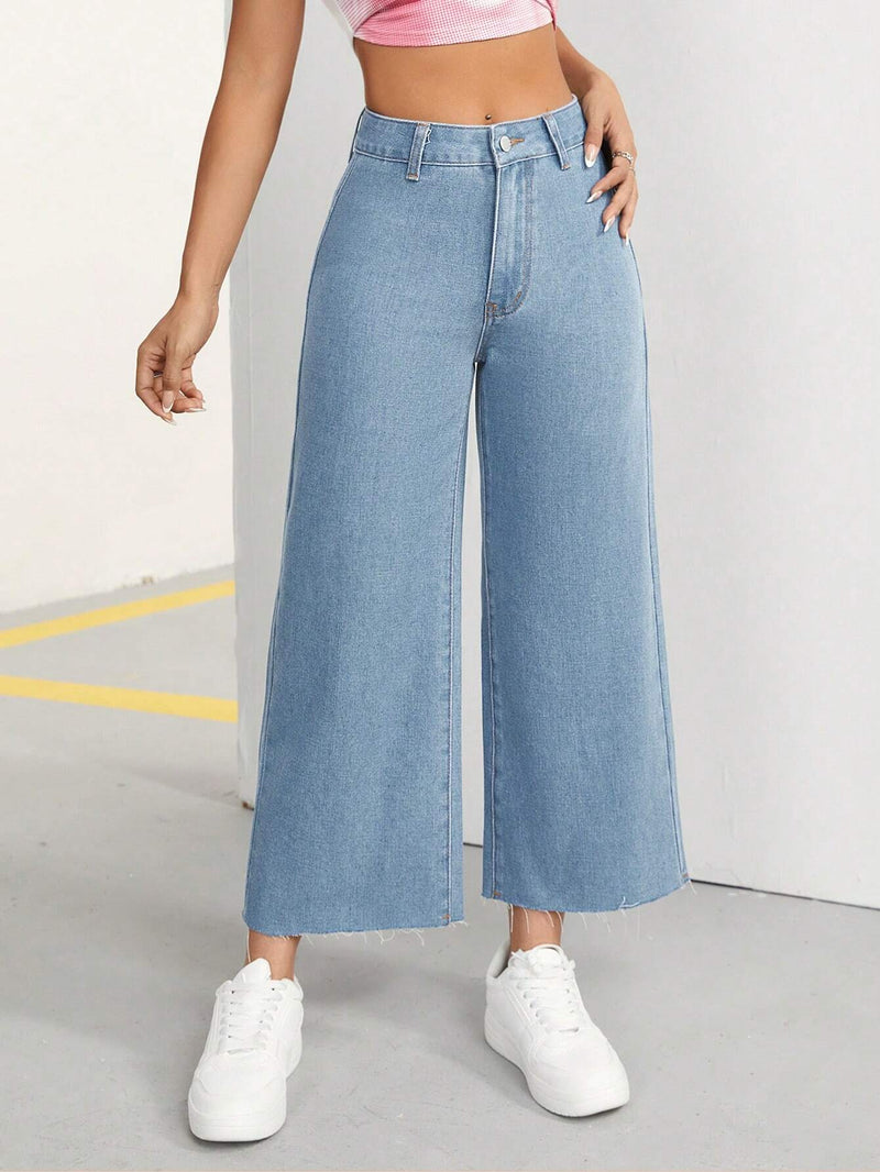 PETITE Pantalones Jeans De Pierna Ancha Para Mujer Con Doble Bolsillo, Casual Y Comodos