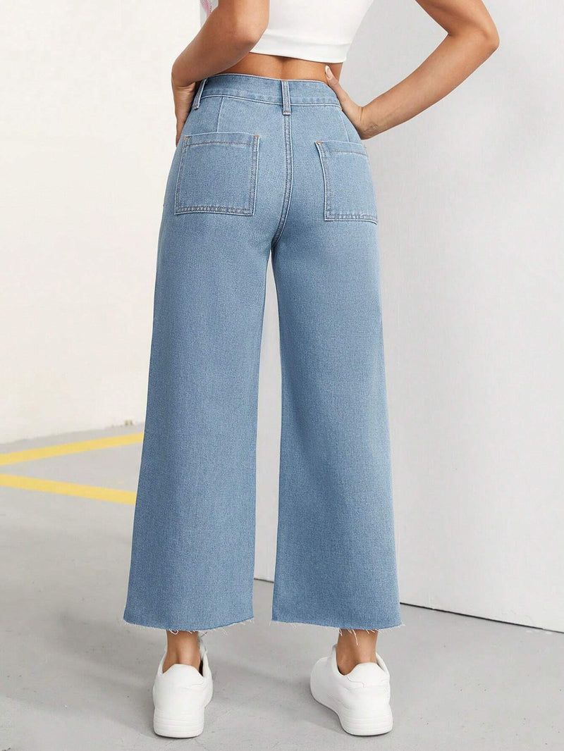 PETITE Pantalones Jeans De Pierna Ancha Para Mujer Con Doble Bolsillo, Casual Y Comodos