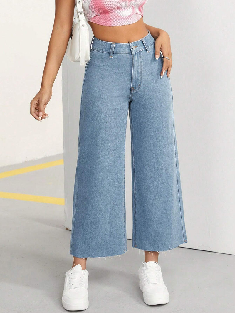 PETITE Pantalones Jeans De Pierna Ancha Para Mujer Con Doble Bolsillo, Casual Y Comodos