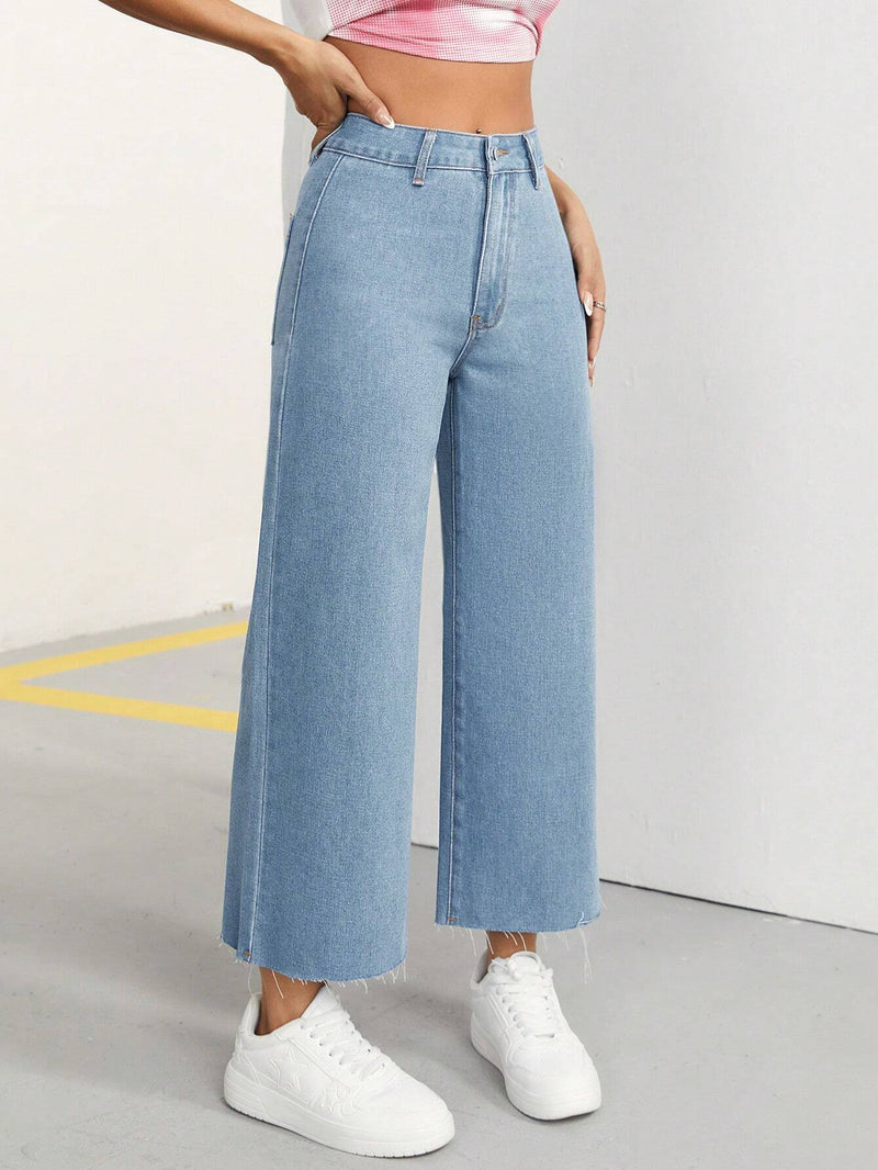 PETITE Pantalones Jeans De Pierna Ancha Para Mujer Con Doble Bolsillo, Casual Y Comodos