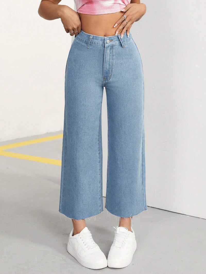 PETITE Pantalones Jeans De Pierna Ancha Para Mujer Con Doble Bolsillo, Casual Y Comodos