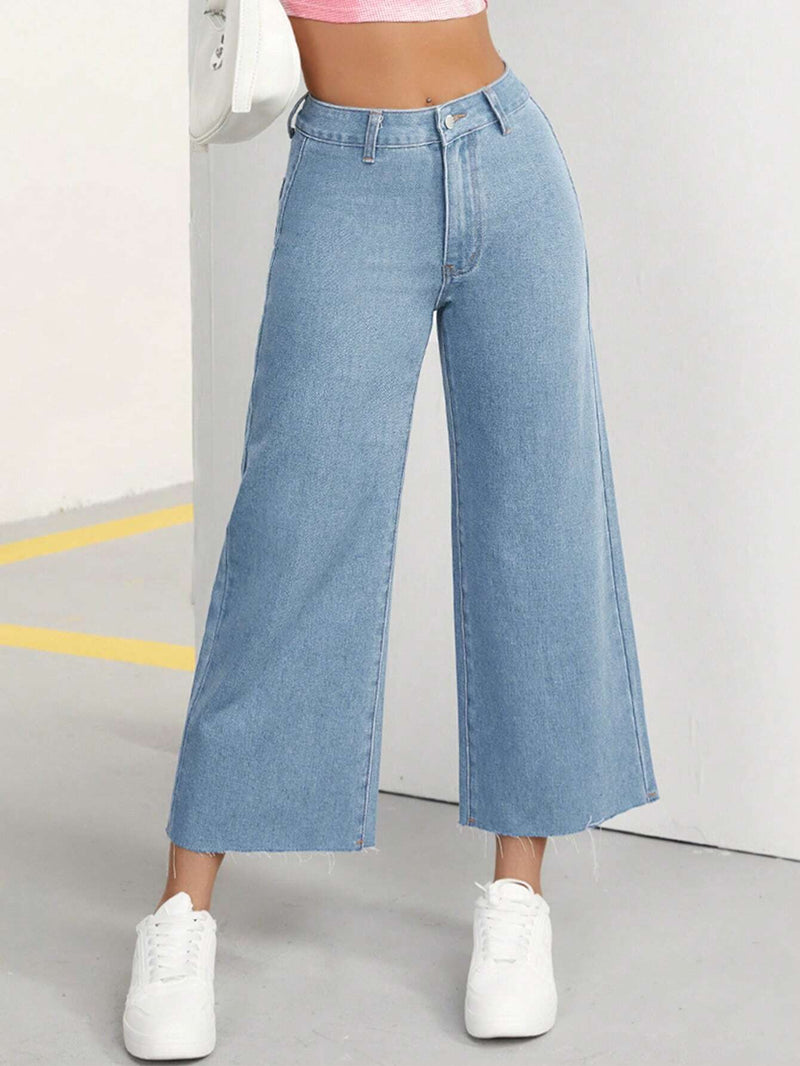 PETITE Pantalones Jeans De Pierna Ancha Para Mujer Con Doble Bolsillo, Casual Y Comodos