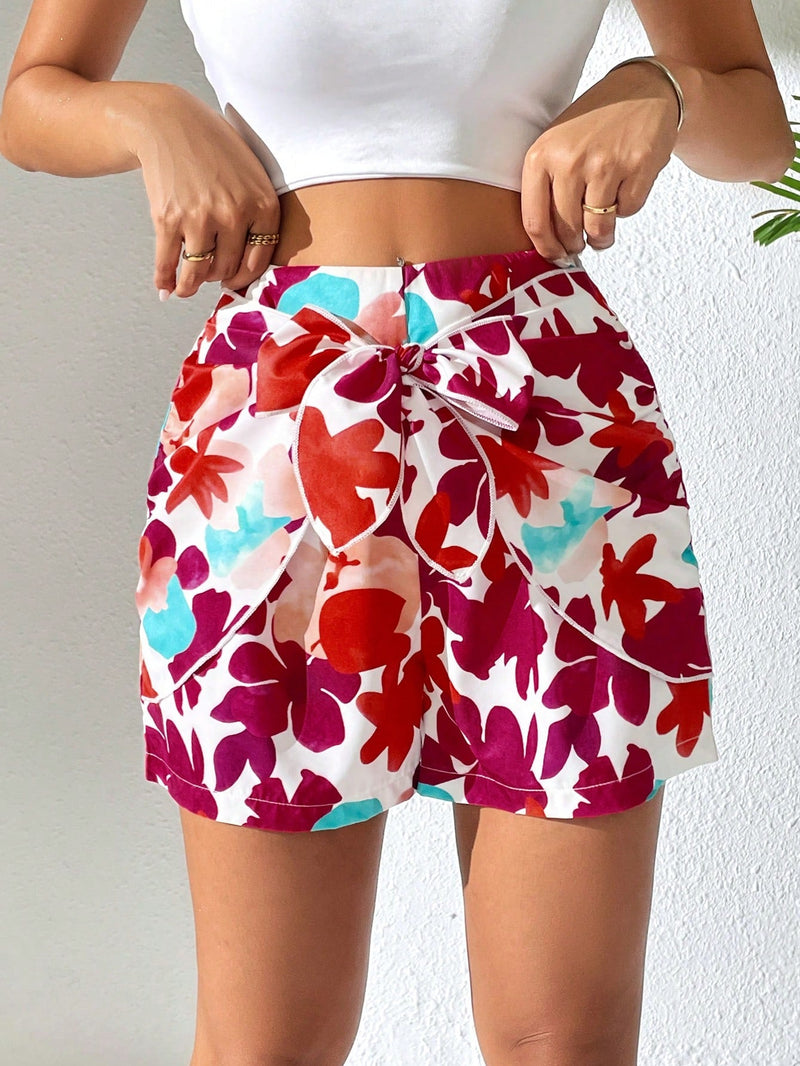 EMERY ROSE Pantalones cortos flojos de talle alto para mujer con estampado floral de verano y detalle de nudo