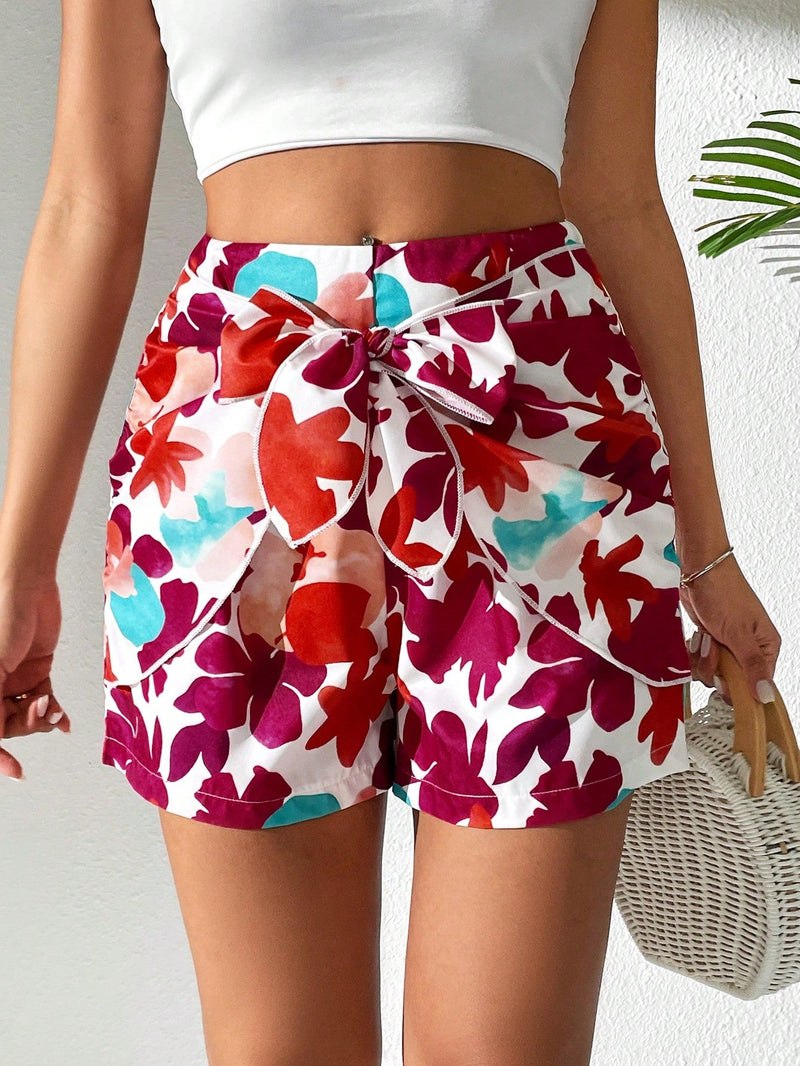 EMERY ROSE Pantalones cortos flojos de talle alto para mujer con estampado floral de verano y detalle de nudo