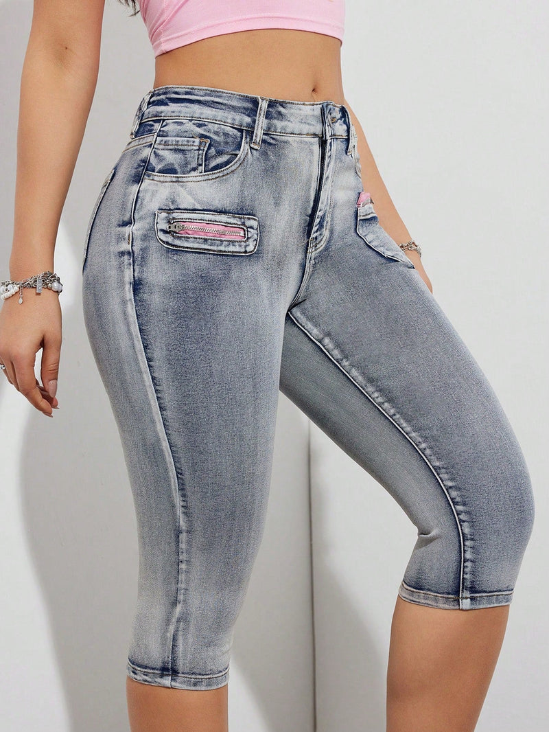 Jeans Capri informales para mujer de cintura baja con cierre de cremallera y ajuste delgado