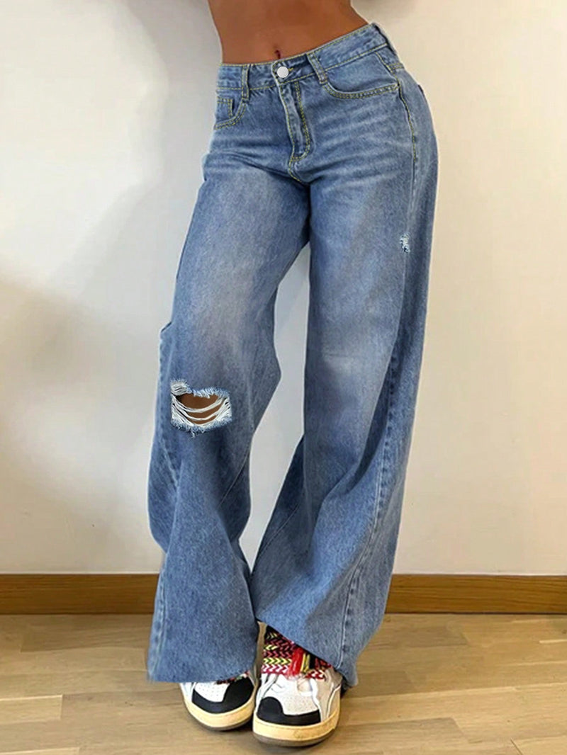 Jeans rasgados casuales de pierna recta para mujer