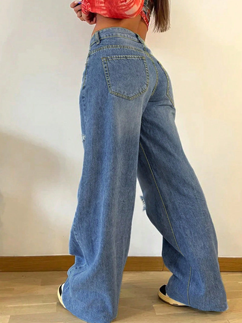 Jeans rasgados casuales de pierna recta para mujer