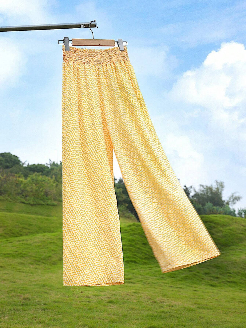 WYWH Pantalones largos flojos para mujer de vacaciones casuales con elastico en la cintura alta rectos con diseno floral