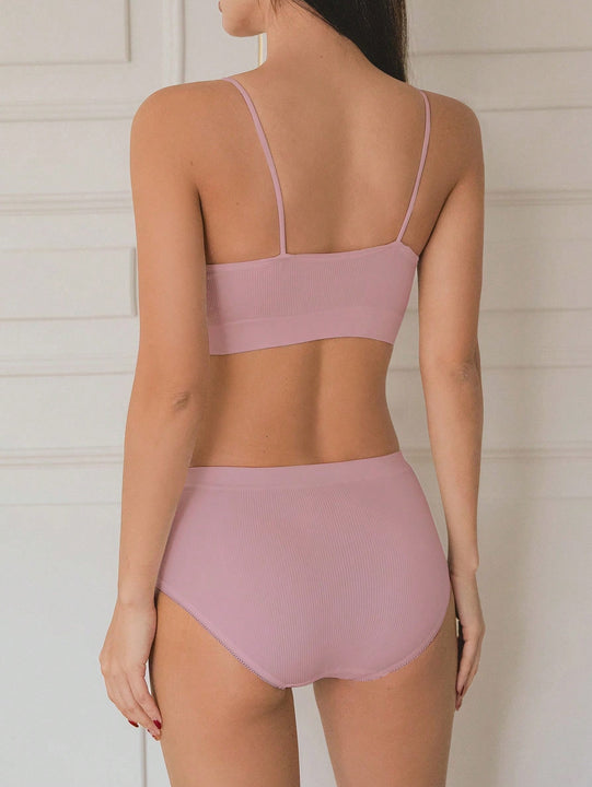 DAZY Conjunto de ropa interior de punto acanalado de color solido para mujer