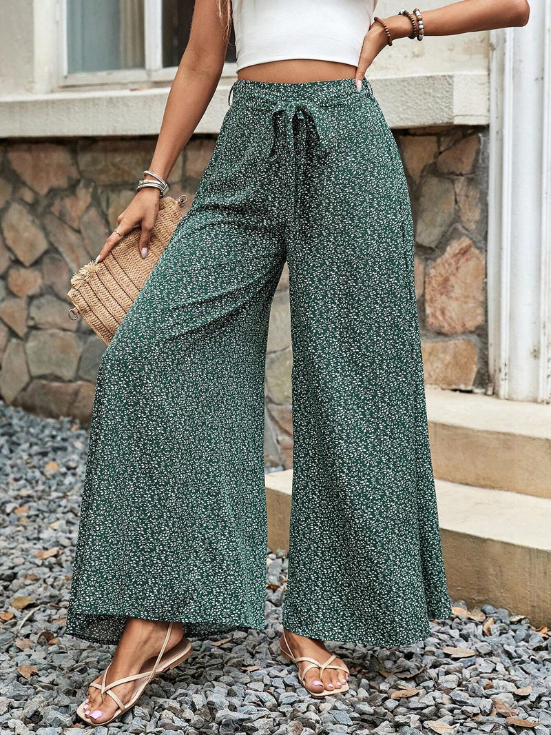 Frenchy Pantalones De Pierna Ancha Con Estampado De Plantas Para Las Vacaciones De Verano