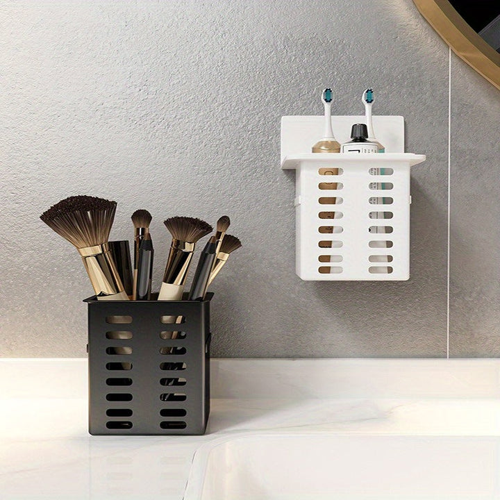 Organizador de Pared Versátil para Cepillos de Dientes, Brochas de Maquillaje - No Requiere Taladro, Estante de Baño Negro y Blanco con Drenaje, Accesorio Multifuncional para Cocina y Baño