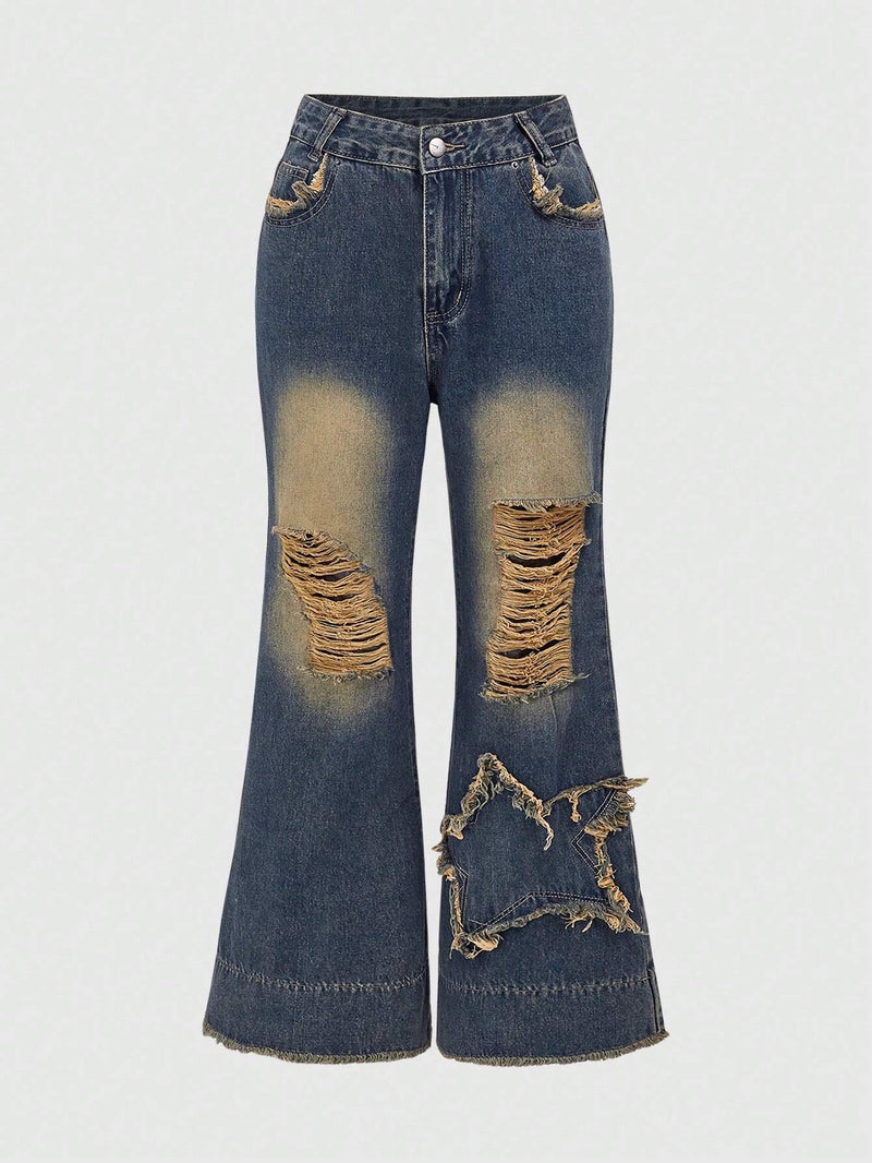 ROMWE Grunge Punk Jeans acampanados vintage para mujeres con efecto gastado y dobladillo deshilachado