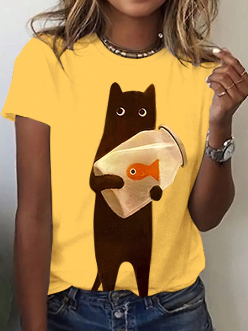 Camiseta de manga corta estampada con patron de gato de verano para uso casual