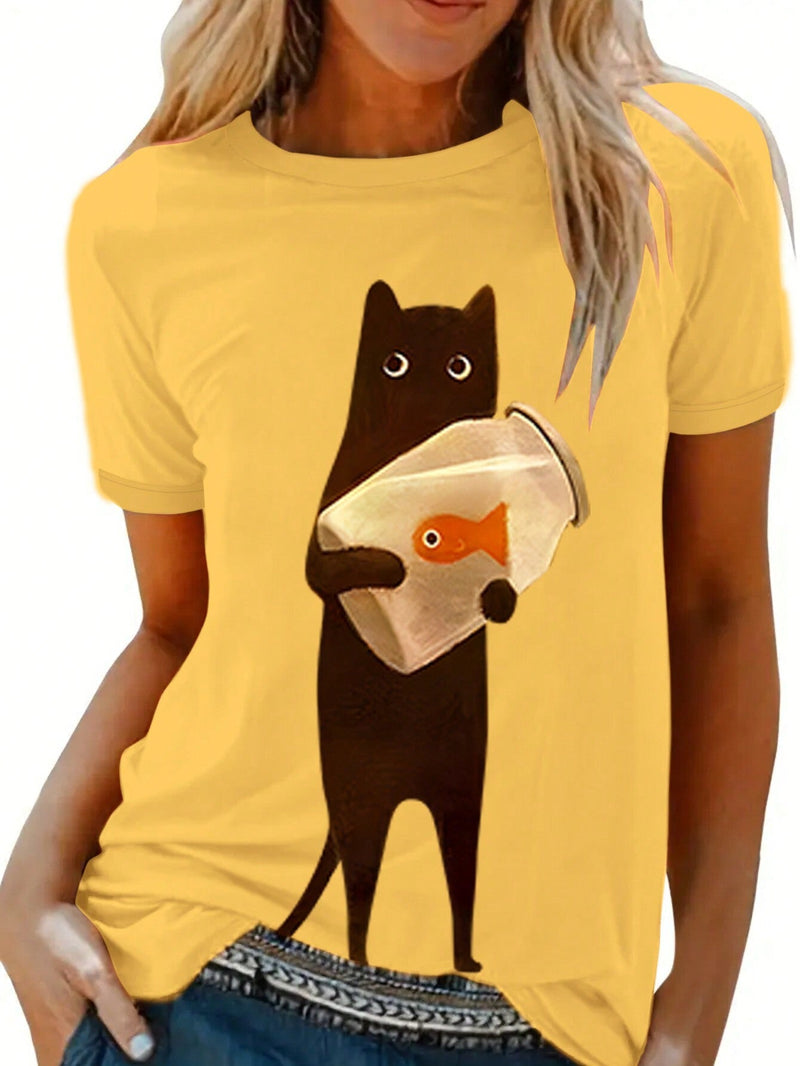 Camiseta de manga corta estampada con patron de gato de verano para uso casual